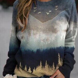 Knoeasy Mountain Scene Top M Navy Gold 426A